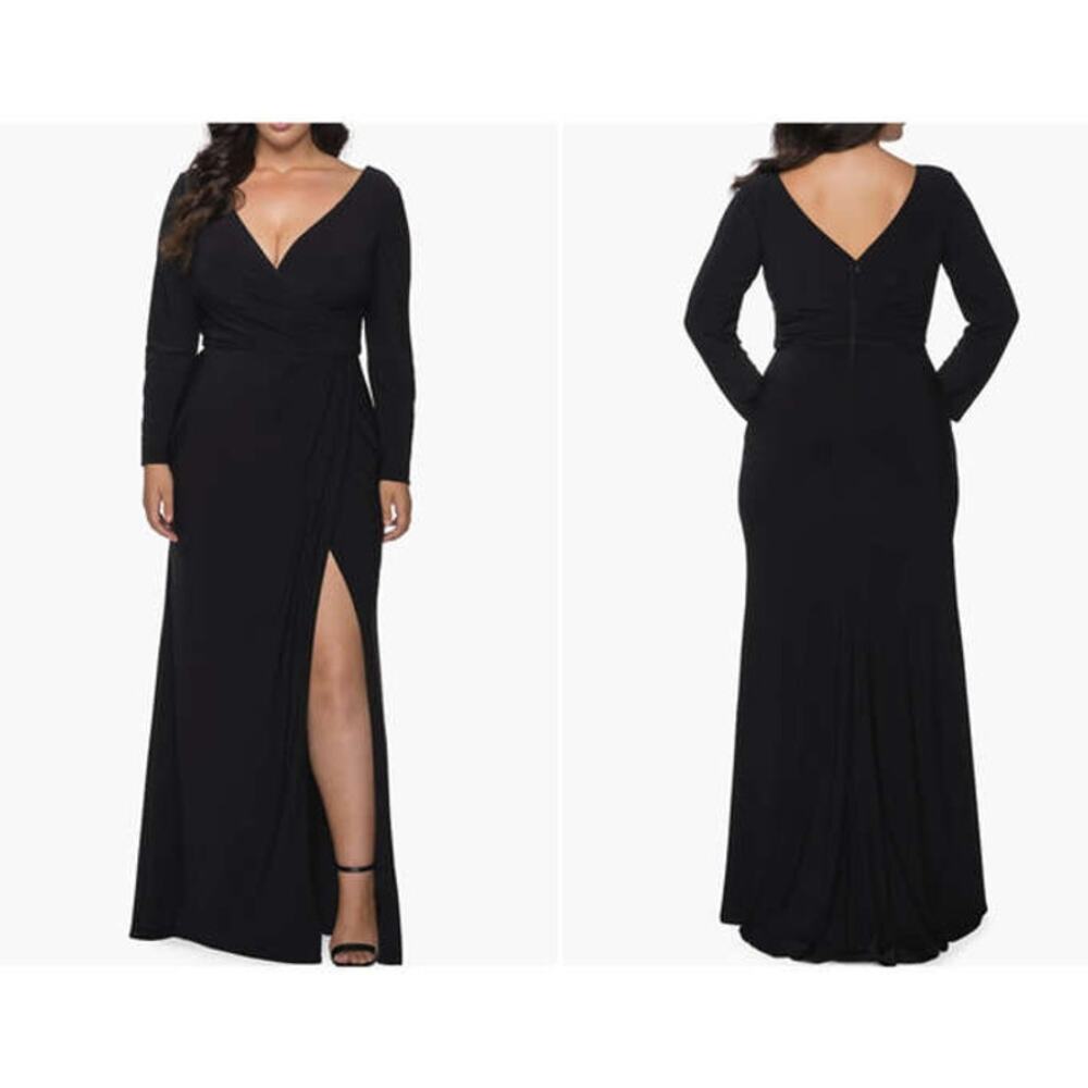 La Femme Black Long Sleeve Faux Wrap Evening Gown Size 16